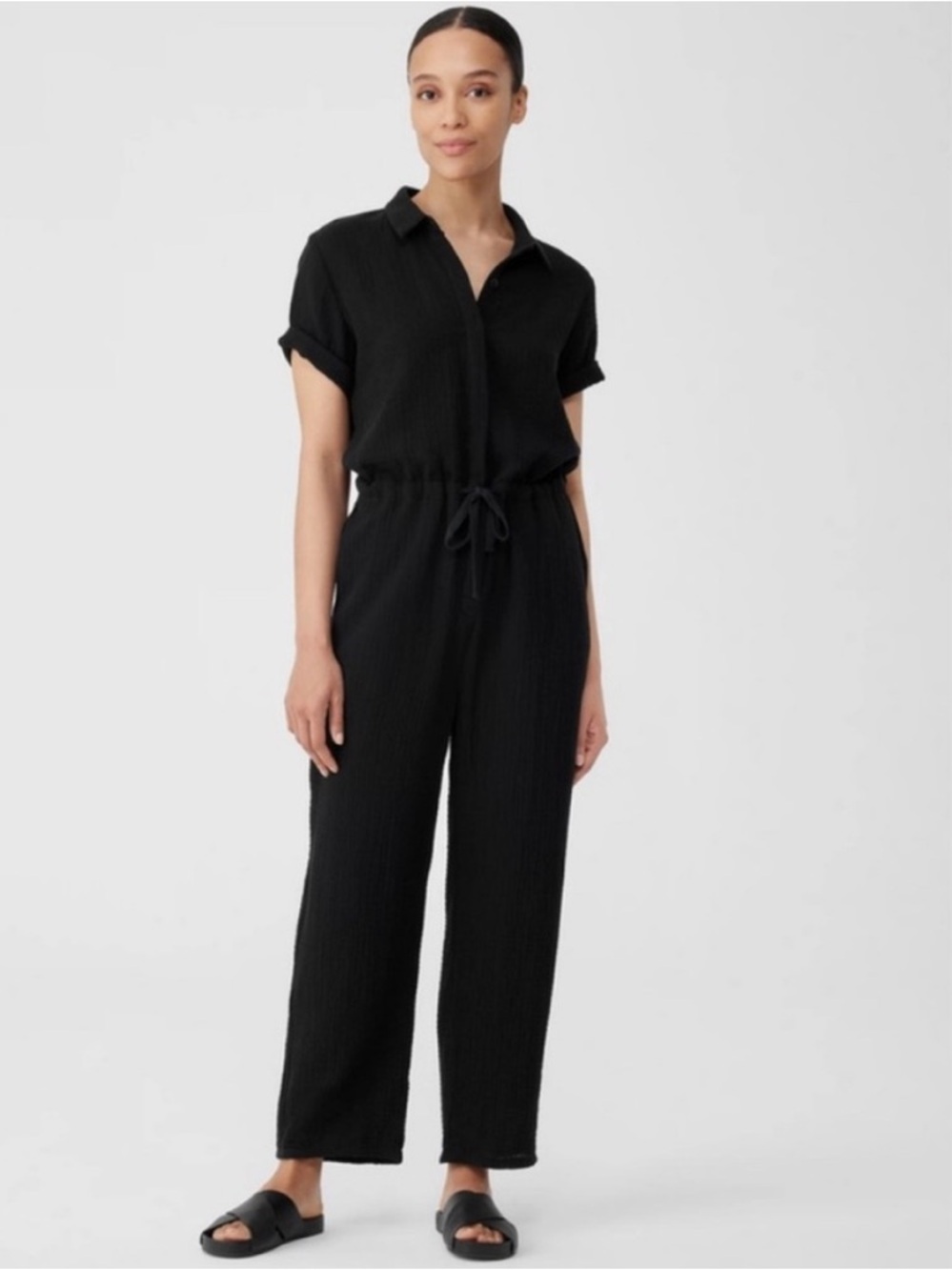 Eileen Fisher Black Organic Cotton Gauze Short Sleeve Jumpsuit Size XXS